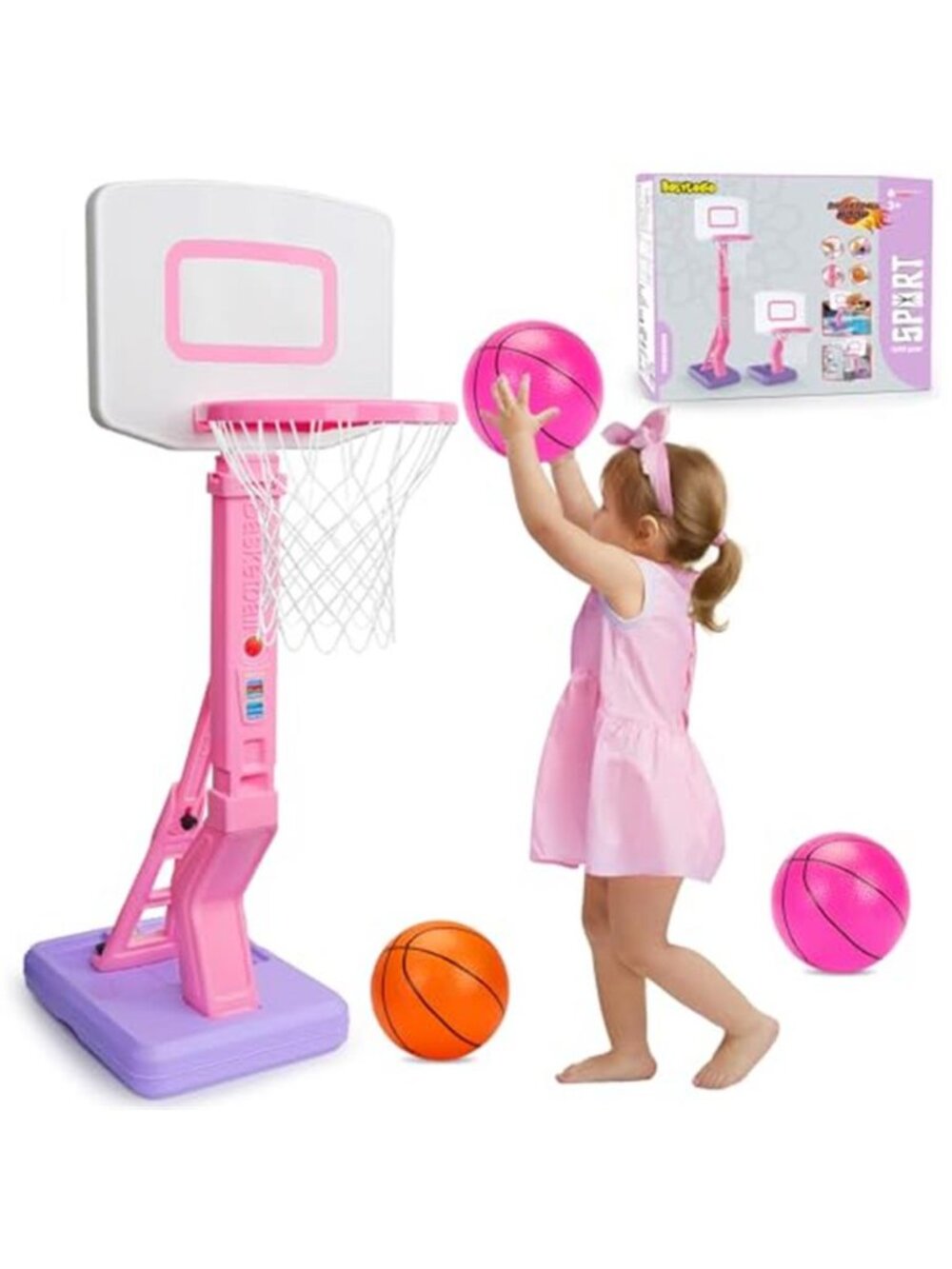Toddler Pink Basketball Hoop Indoor for Age 1-3, Adjustable Kids Basketball Hoop